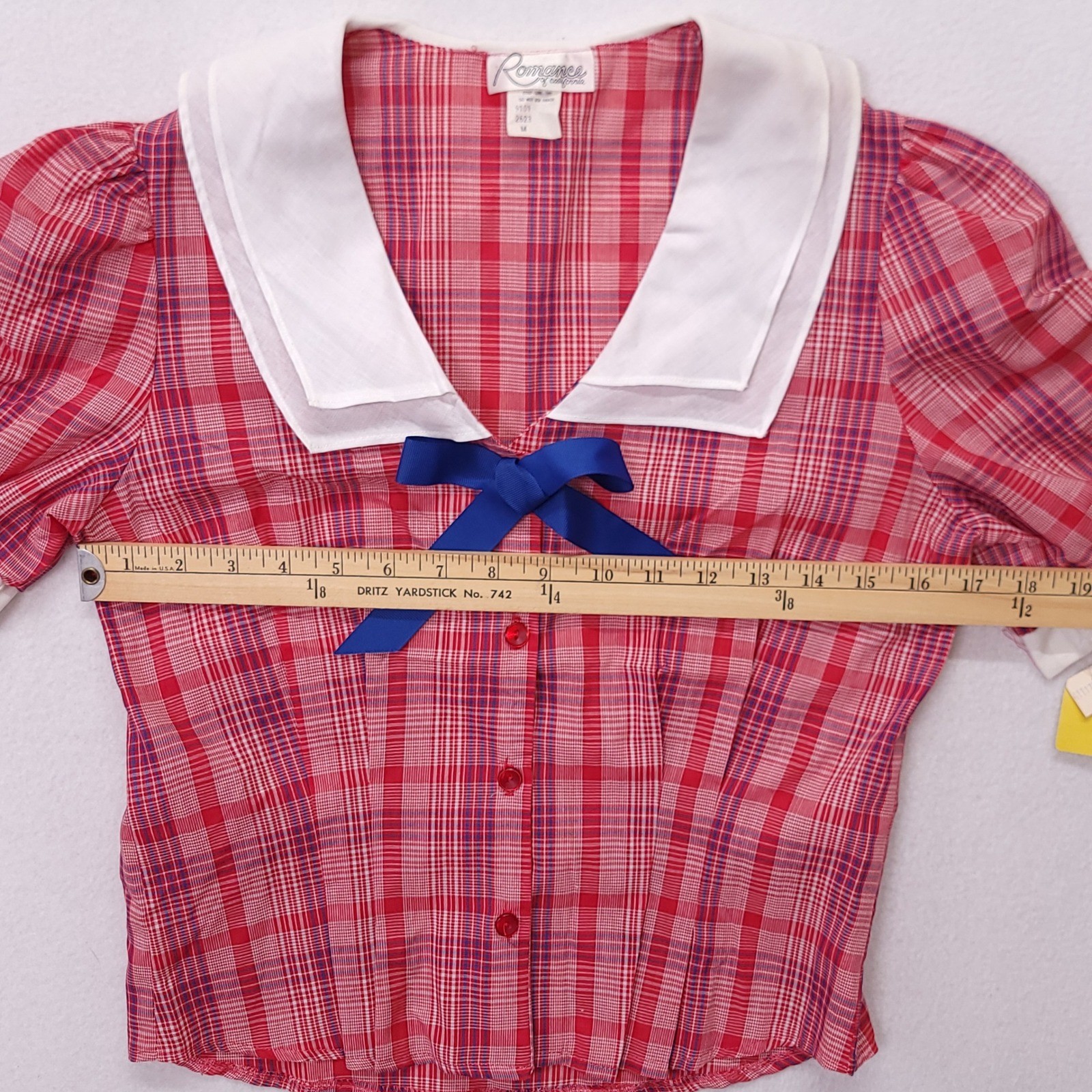 Romance of California Vintage Red Plaid Sailor Collar Blouse Blue Bow Medium