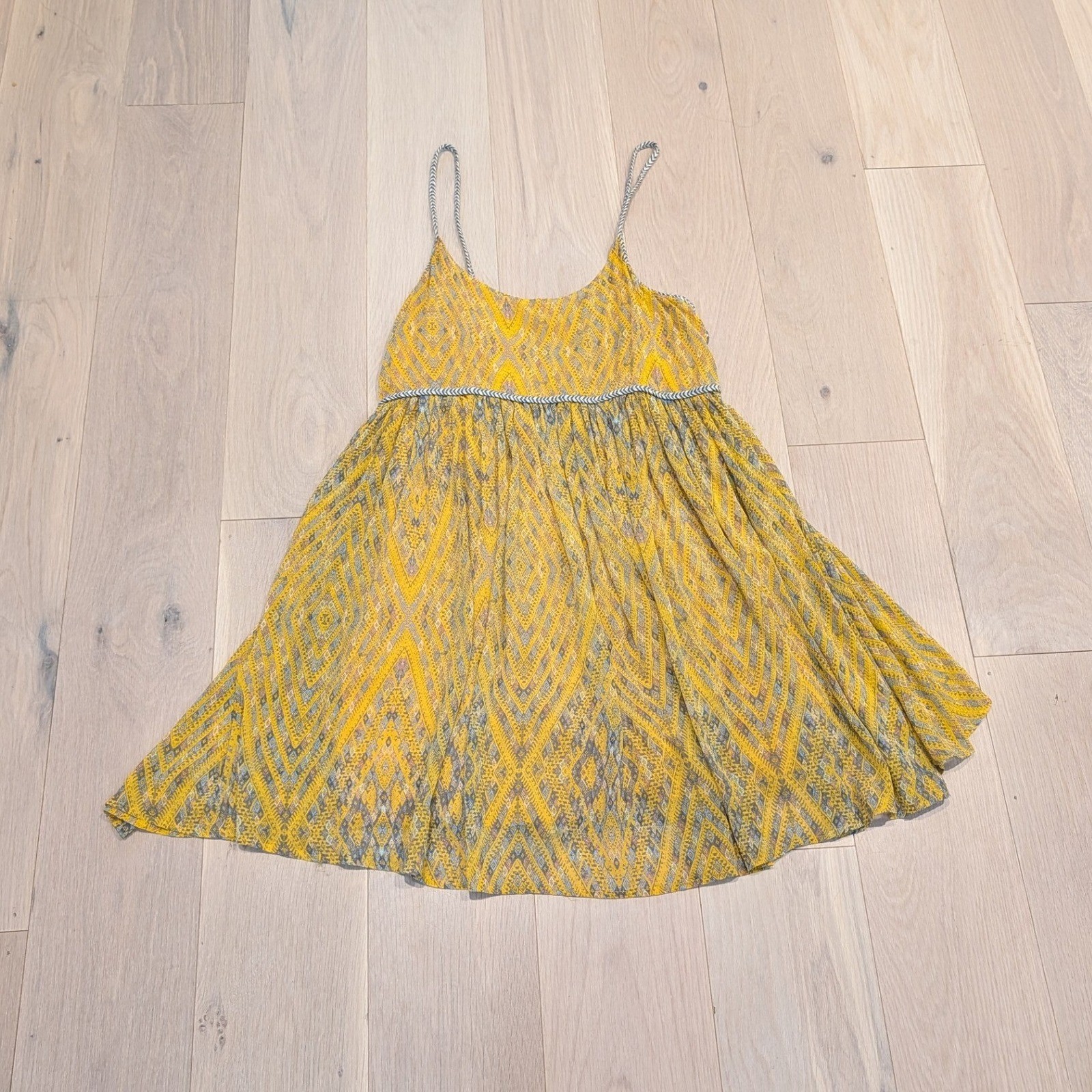 Free People Boho Yellow Geometric Mini Dress Braided Trim Small