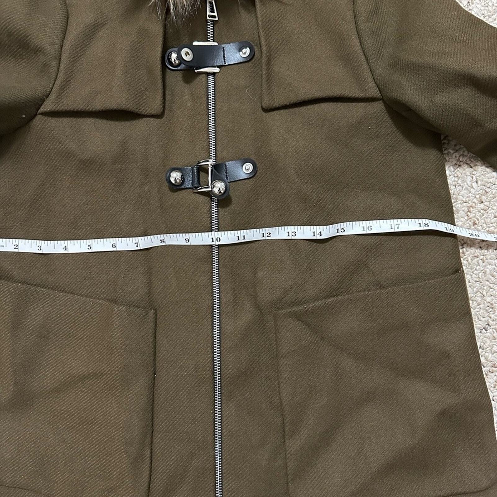 ZARA khaki army green faux fur trim hood duffle coat size XS