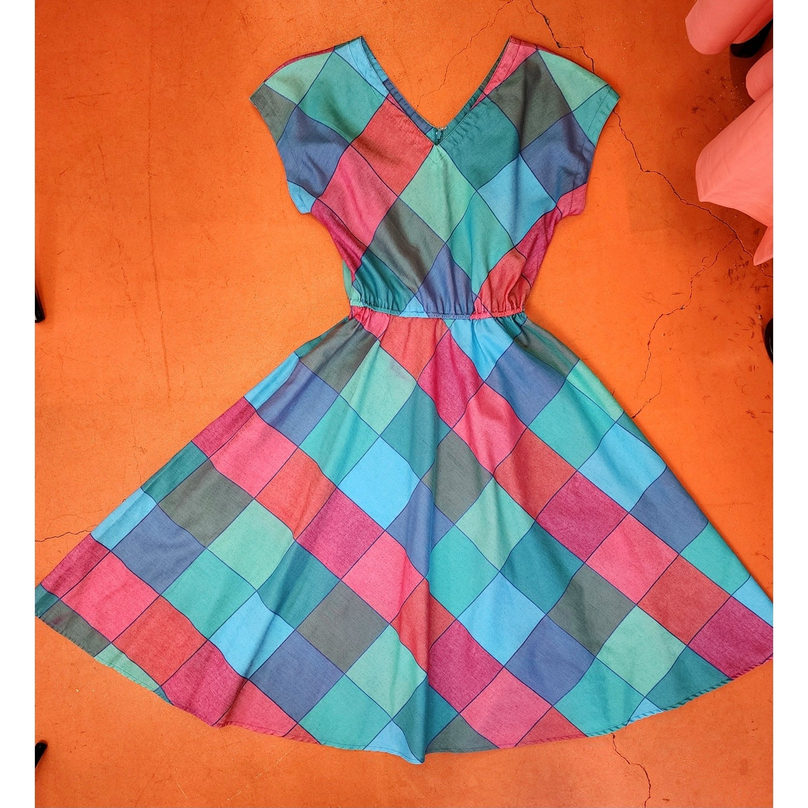 Vintage 1970’s Madras Harlequin Diamond Check Plaid Magenta Blue Shirt Dress