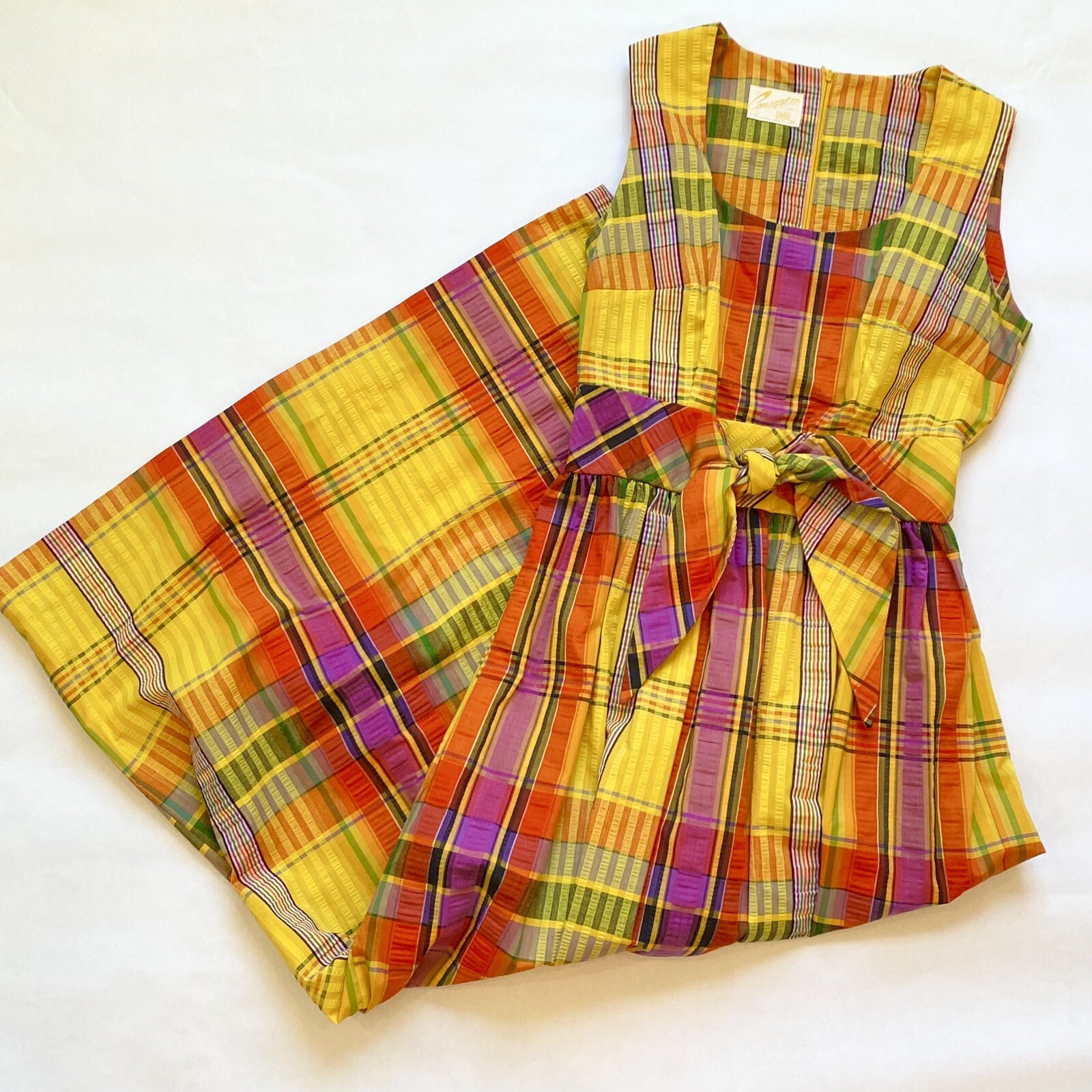 Vintage SWIRL Concept 70s Yellow Orange Madras Plaid Maxi Gown Long Column Dress