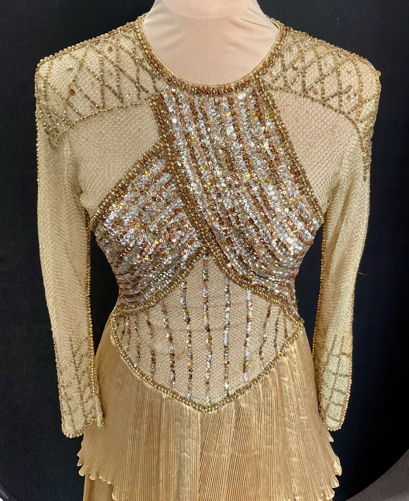 Vintage Golden Performance Gown with Sequins and Beading Size Small