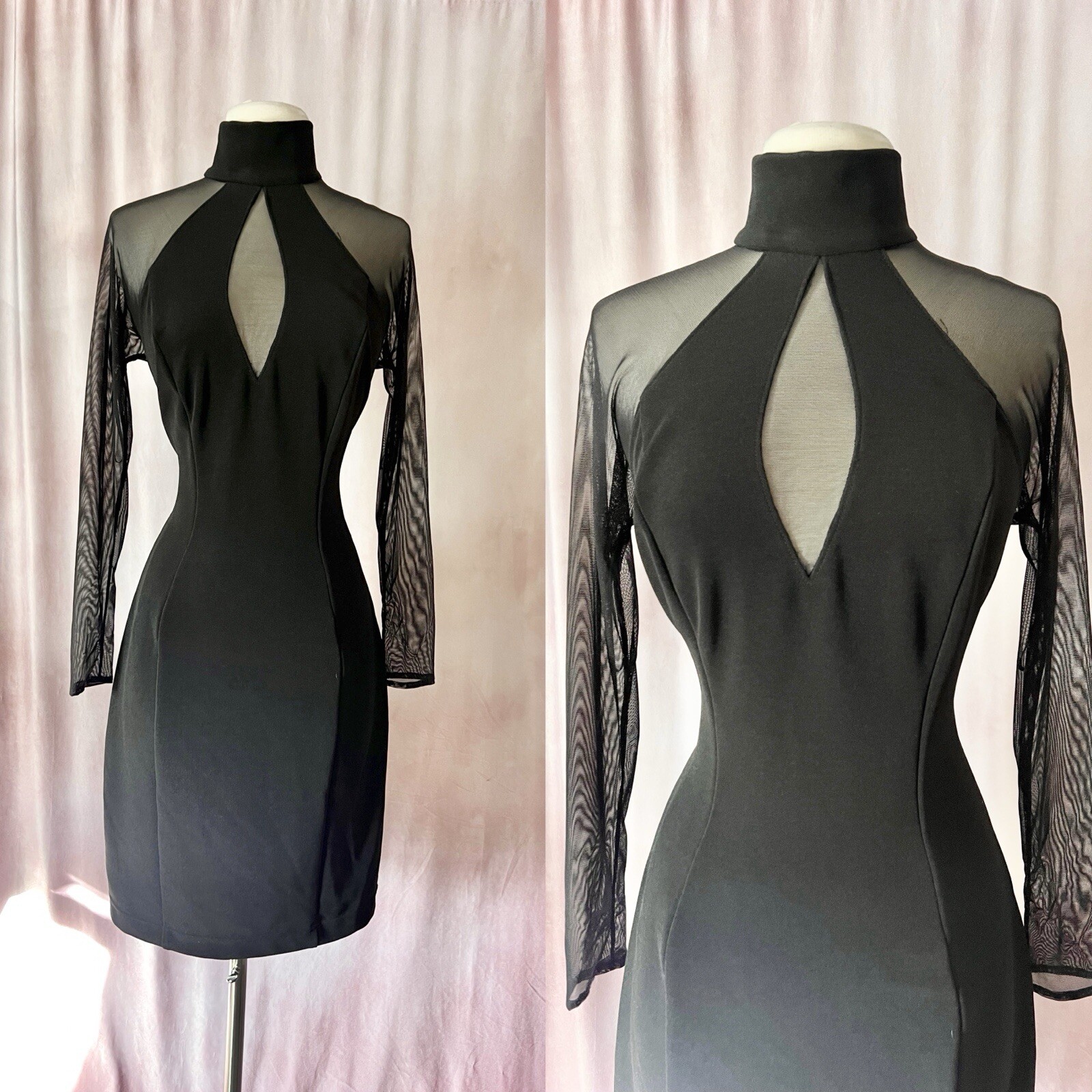 Vintage Tadashi Bodycon Dress Large Black Stretch Mesh Keyhole Gothic 90s Y2K