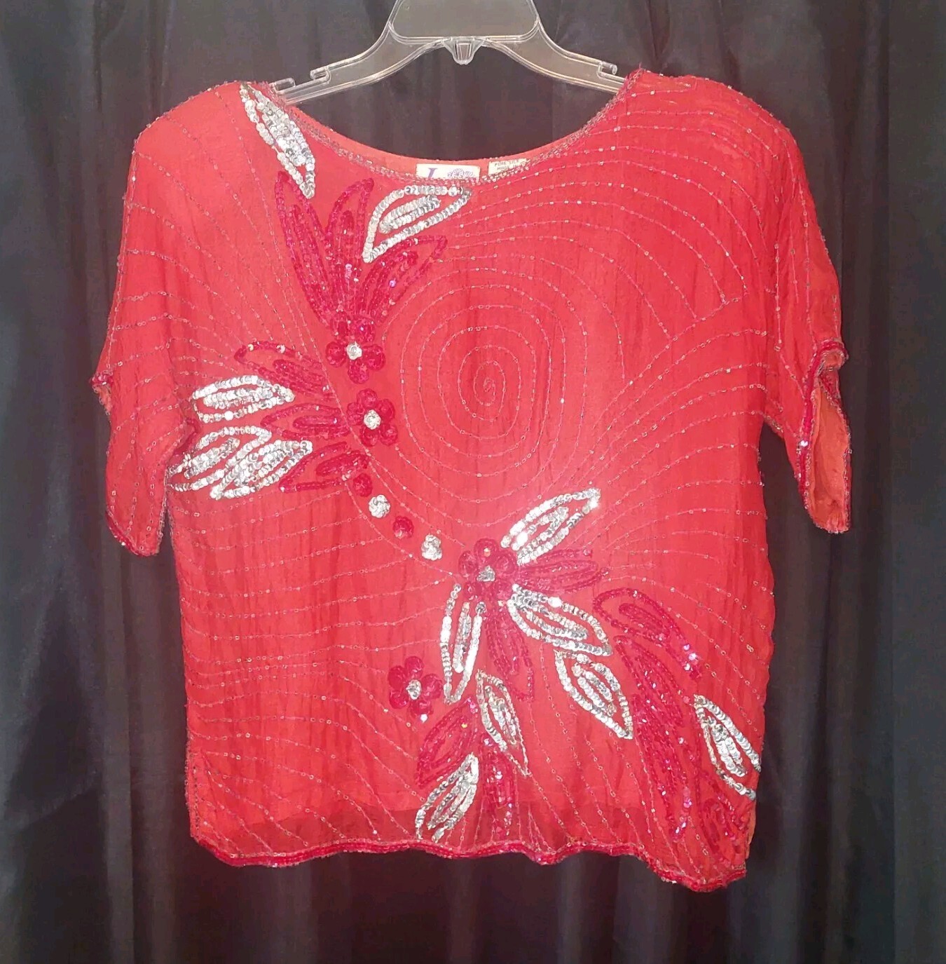 Vintage Jasmine By KVM Sequin Beaded Top Large Women’s Red Silk Silver Blouse