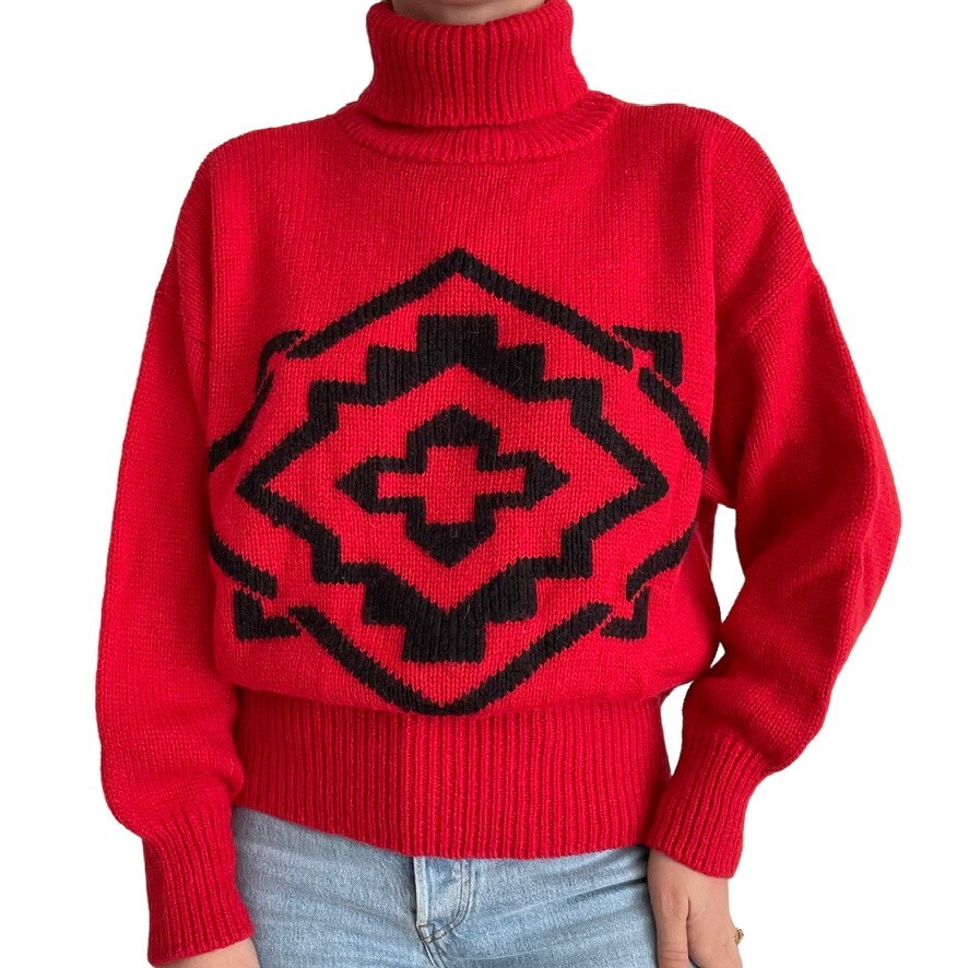 Vintage 80s Boundary Waters Red Wool Blend Geometric Retro Turtleneck Sweater