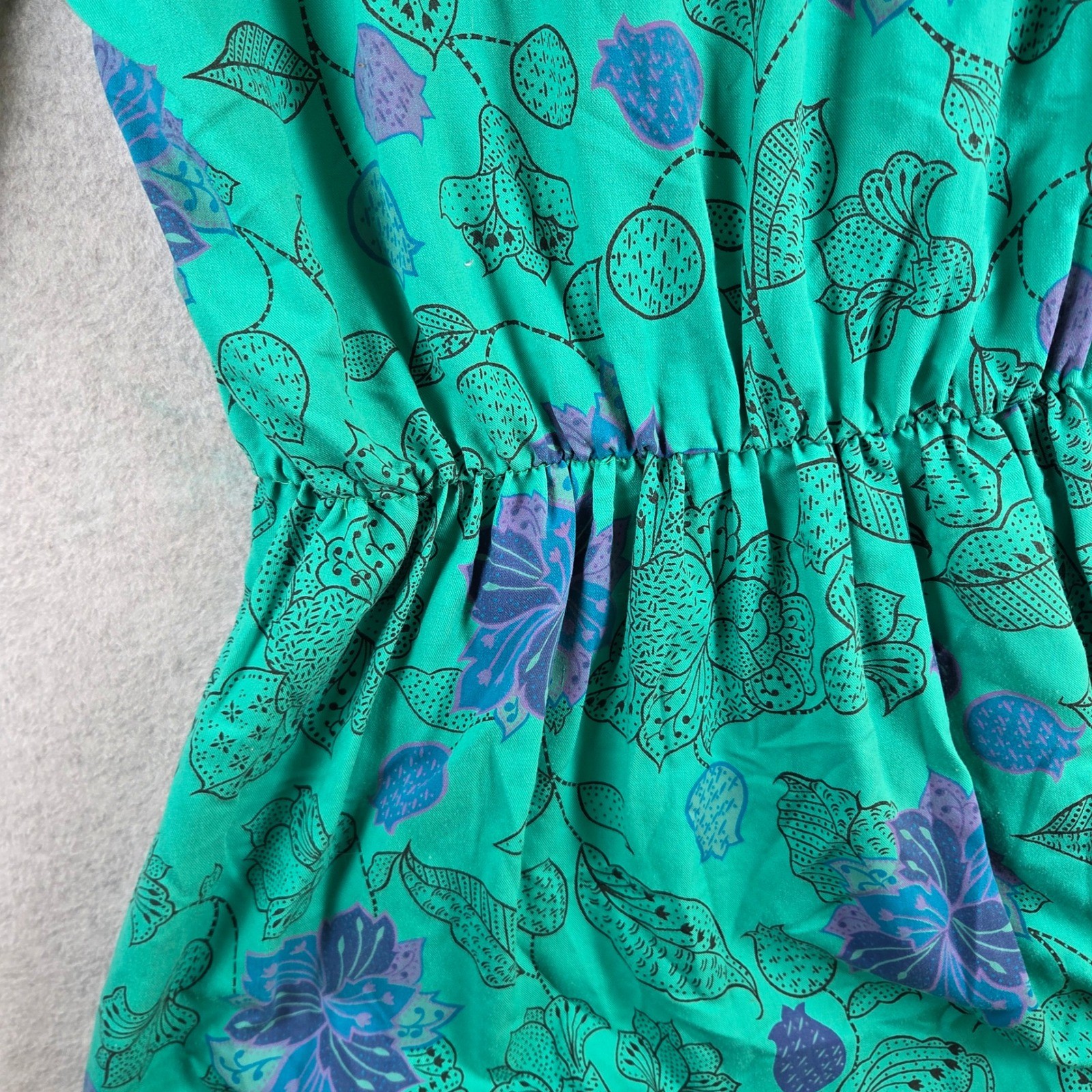 RGY Vintage Floral Midi Dress Womens Medium Teal Green Elastic Waist 80s Retro