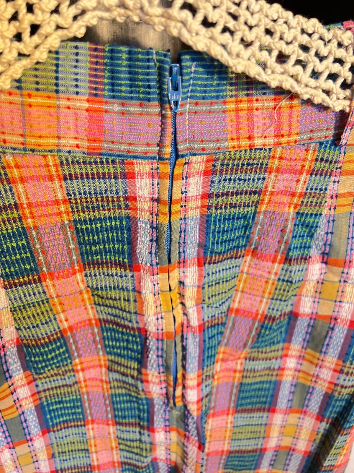 1970s Vtg 2pc Skirt Suit S Multicolored Nubby Plaid Short Sleeve Miss Pat w Belt