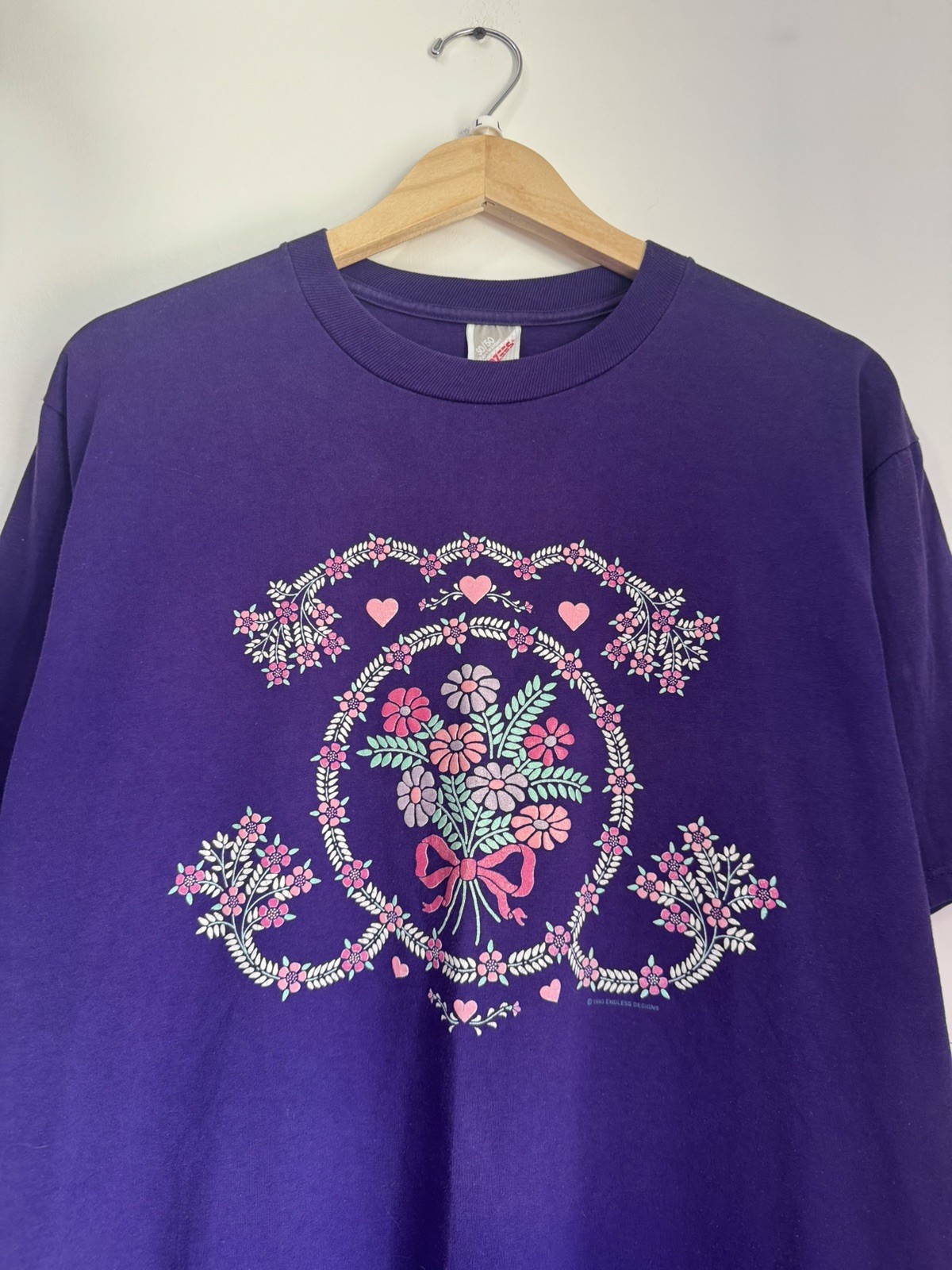 Vintage 90s Endless Designs Cottage Core Floral Heart Bouquet T-Shirt Purple L