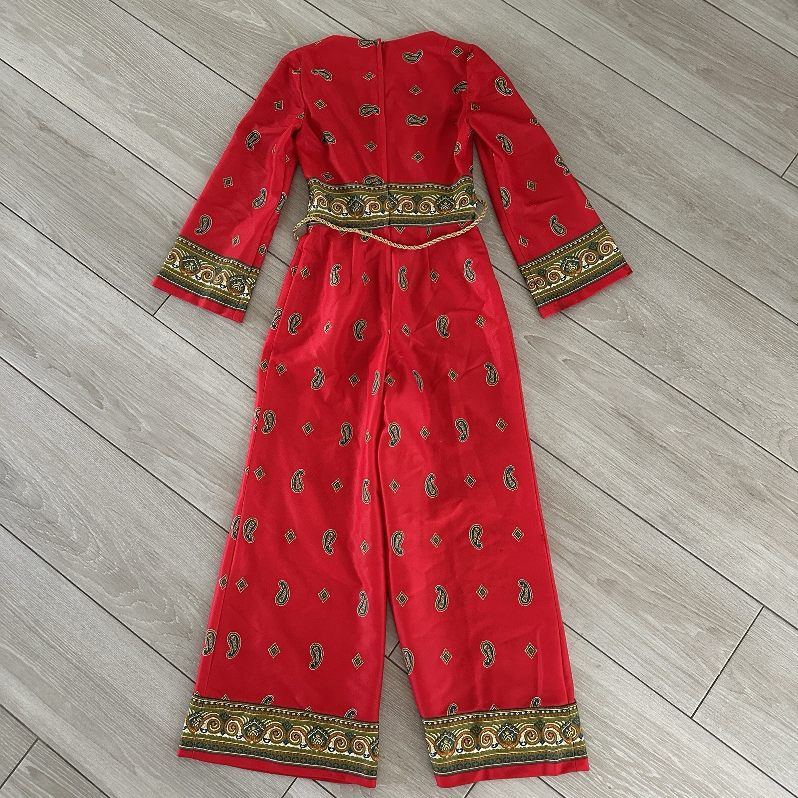 Vintage Mel Warshaw Miss Jane Miami Red Paisley Wide Leg Jumpsuit Gold Rope Belt