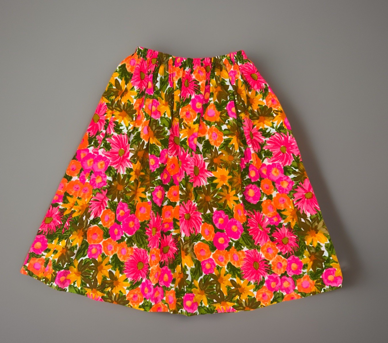 VINTAGE FLOWER POWER MIDI SKIRT HIPPIE BOHO MOD BRIGHT NEON FLORAL HANDMADE