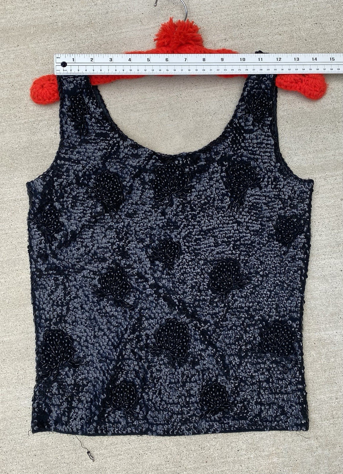 Black Sequin Beaded Wool Top Hong Kong Metal Zip Pinup Glam Tank S 50s 60s Vtg