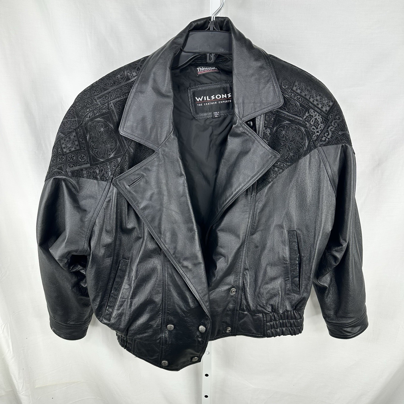 Vintage 80s Wilsons Womens Black Leather Batwing Bomber Jacket Embossed Sz XL
