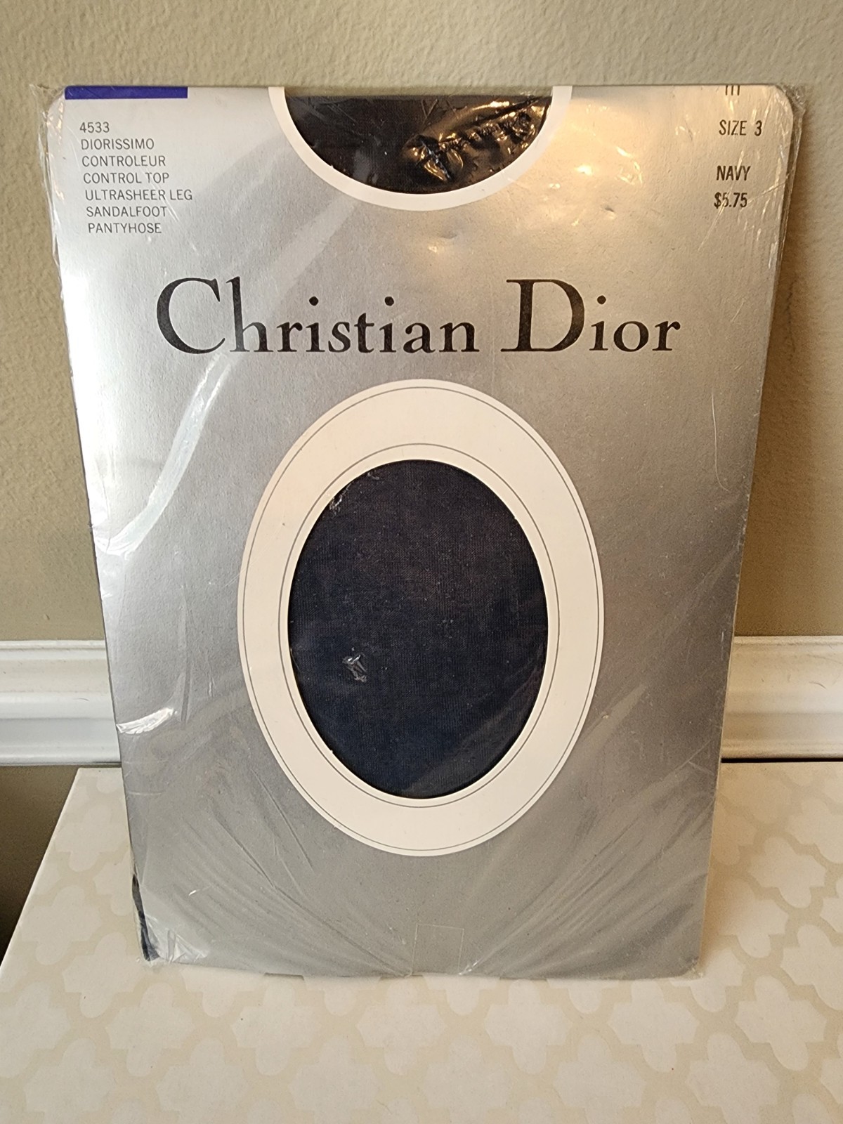 Vtg Christian Dior pantyhose 4533 Control Top Ultra Sheer Sandalfoot SZ 3 Navy