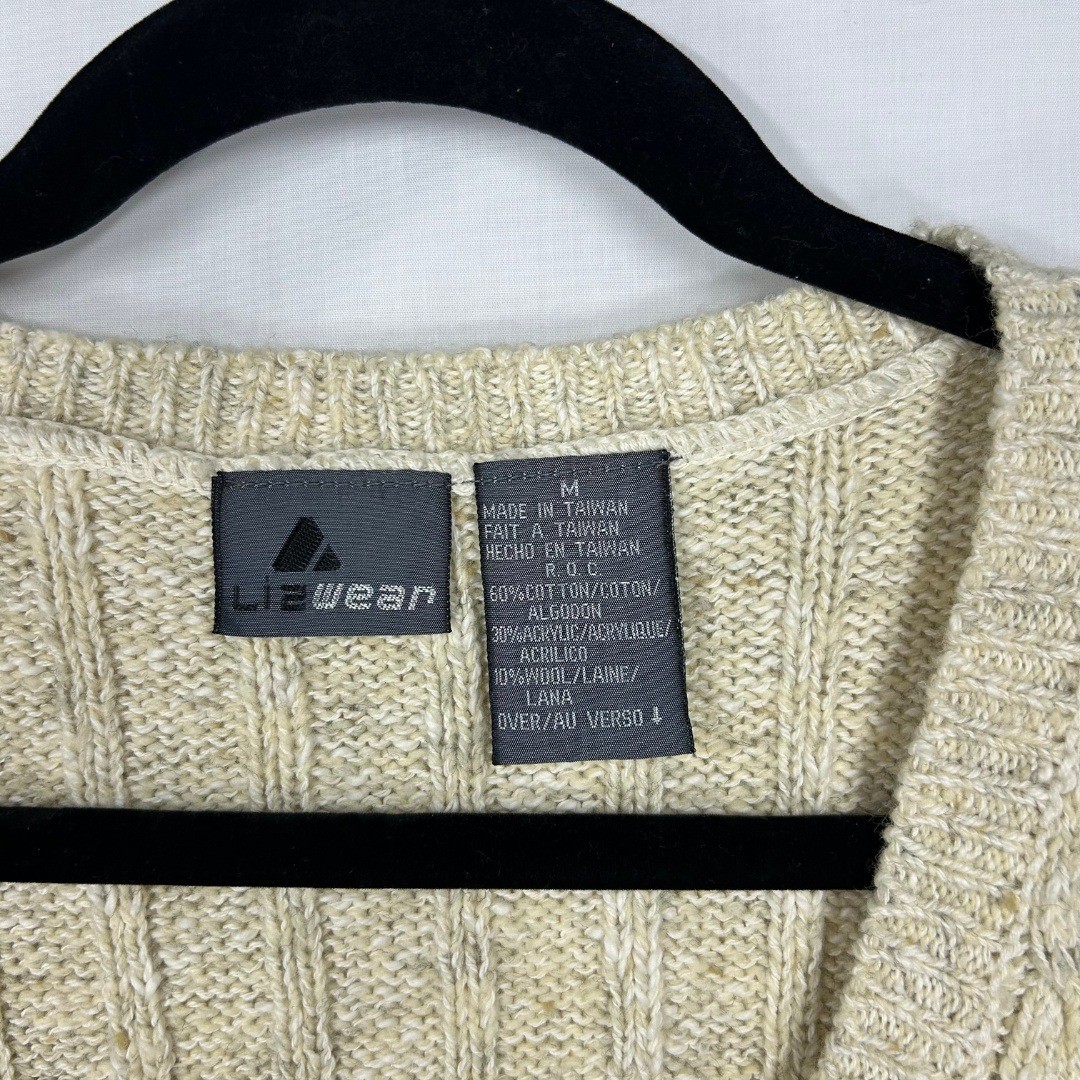 Vintage Lizwear Cable Knit Zip Front Sweater Vest – Cream Wool Blend Pockets (M)