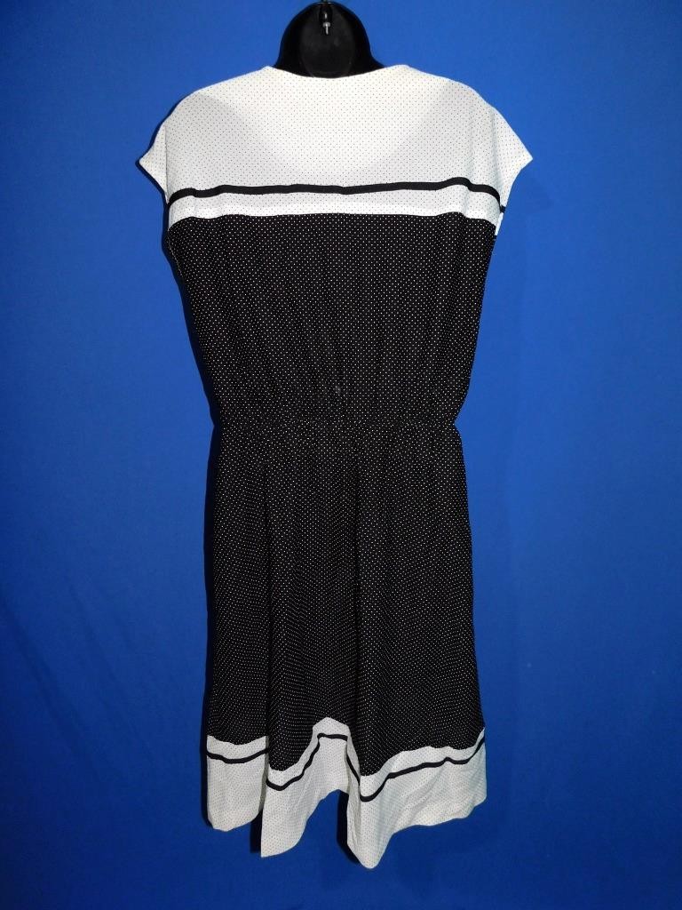 Vintage Sears S M Black White Polka Dot Stripe Shift Dress Short Cap Sleeve Knee
