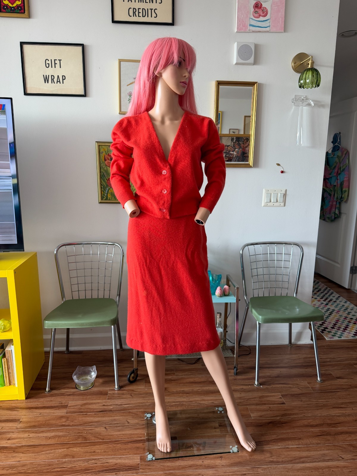 ❤️ Vtg Dalton Cashmere 3pc Skirt Set Cardigan Shell Luxe Minimalist Dress Red S