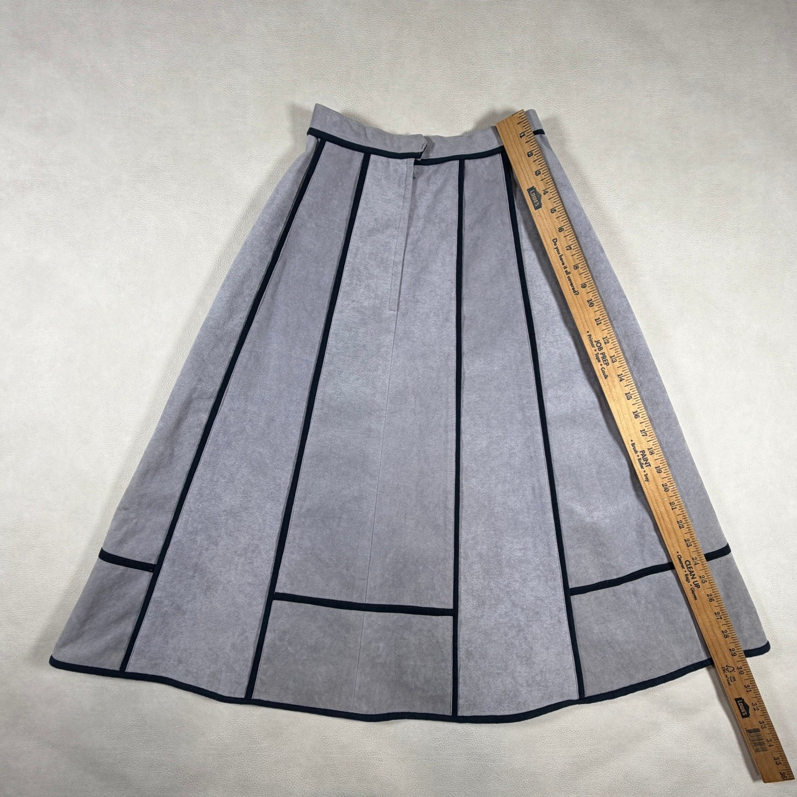 By Clarissa Vintage Ultra Suede Gray A-Line Midi Skirt Black Piping Size 6