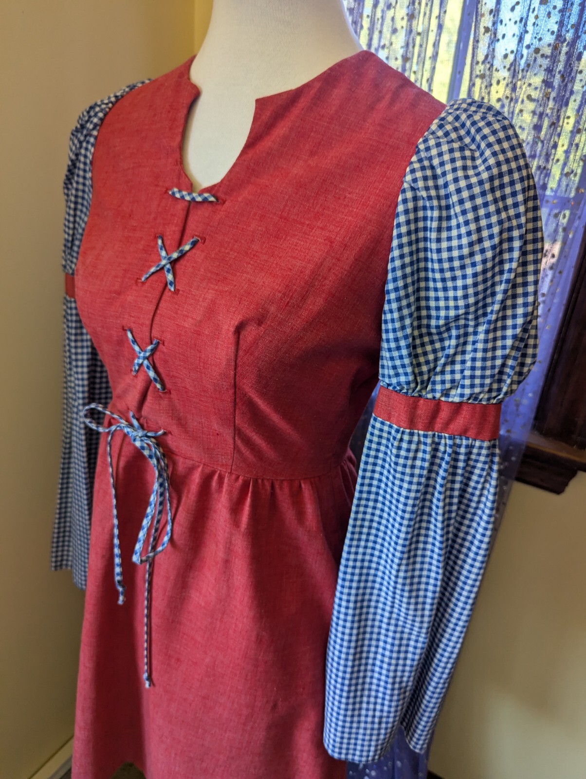 Vintage 70’s ED Juniors Red Blue Gingham Puff Juliet Sleeves Mini Dress Size XS