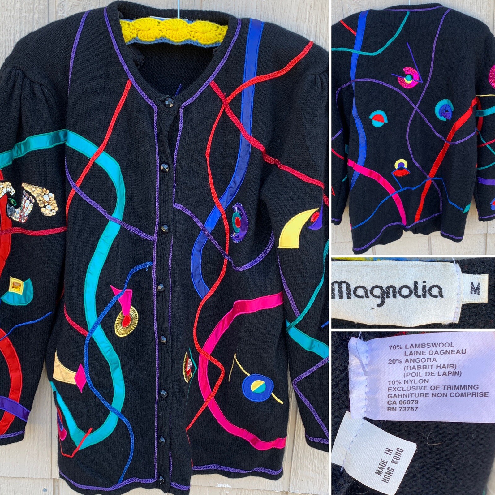 Vintage Magnolia Cardigan Sweater 80s 90s 1980s Geometric M Puffy Shoulders