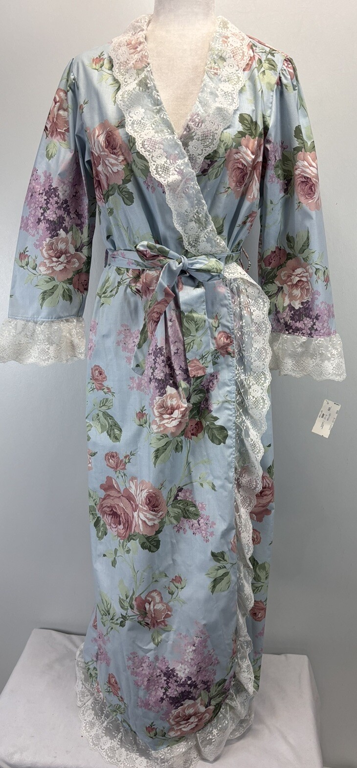 NEW! Vtg Joie De Vie Ariel Floral Cotton Robe Large Lace Trim Cottage Core Long