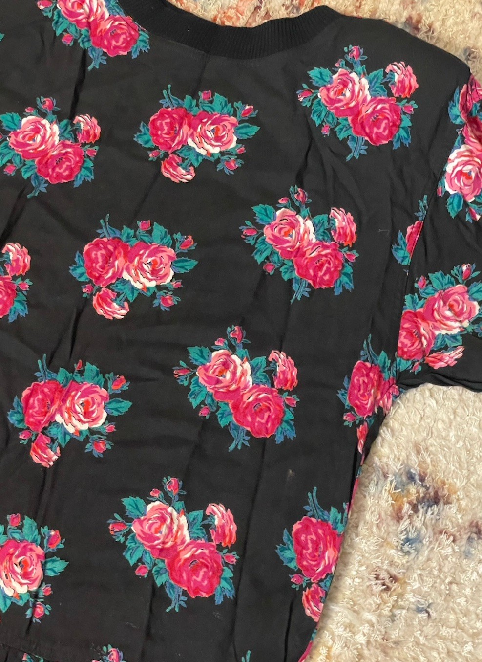 Vintage 80s Peppers Black Pink Rose Print Midi Dress M Rayon Drop Waist LS