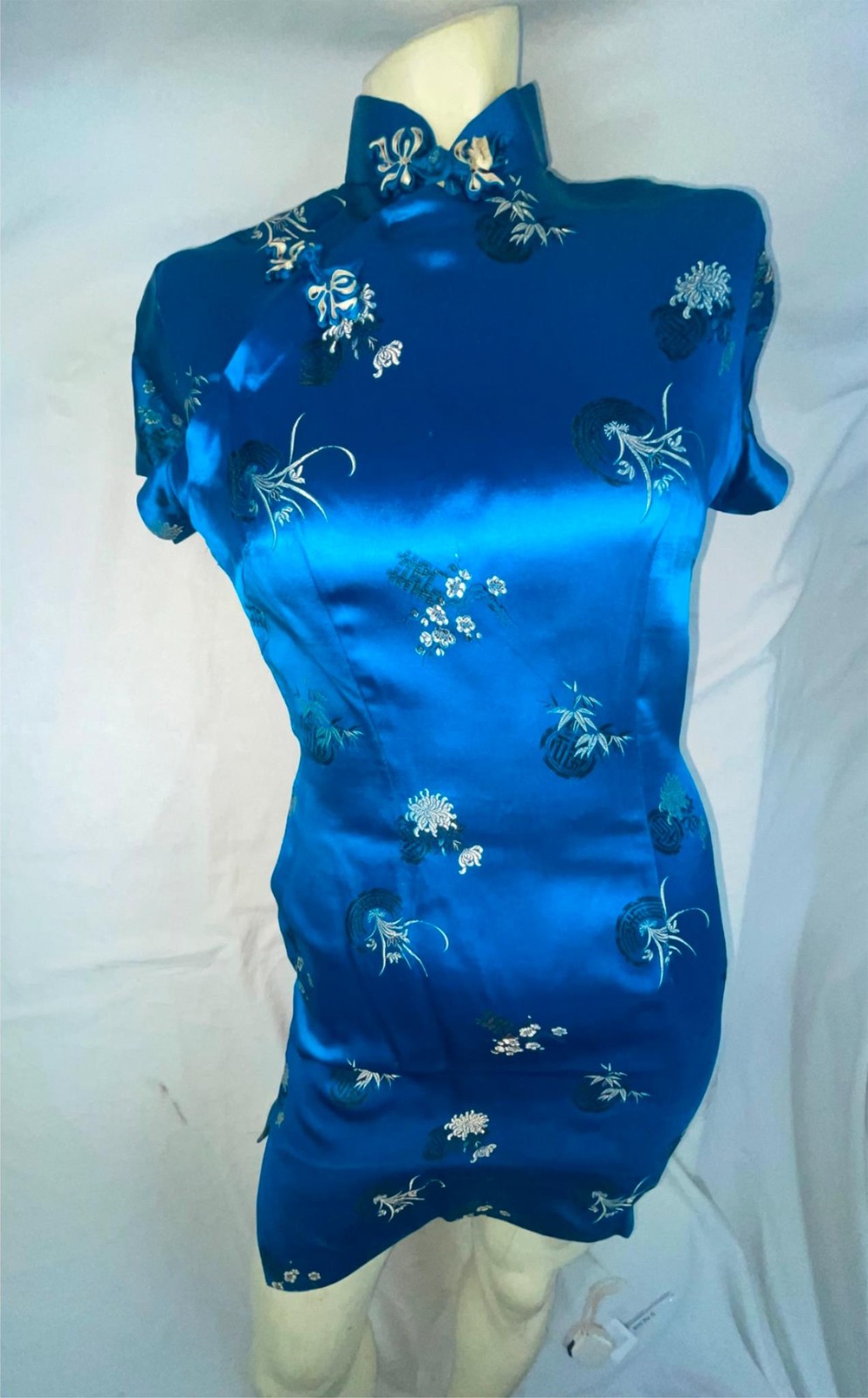 VTG 60S WOMENS S BLUE ASIAN ORIENTAL SHORT MINI SATIN SILK QIPAO CHEONGSAM DRESS