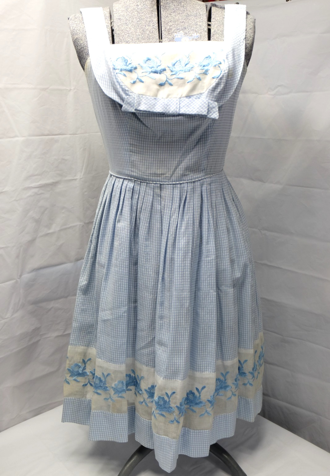 1950s Blue Gingham Dress Fit and Flare w/ Organza Trim Floral Embroidery