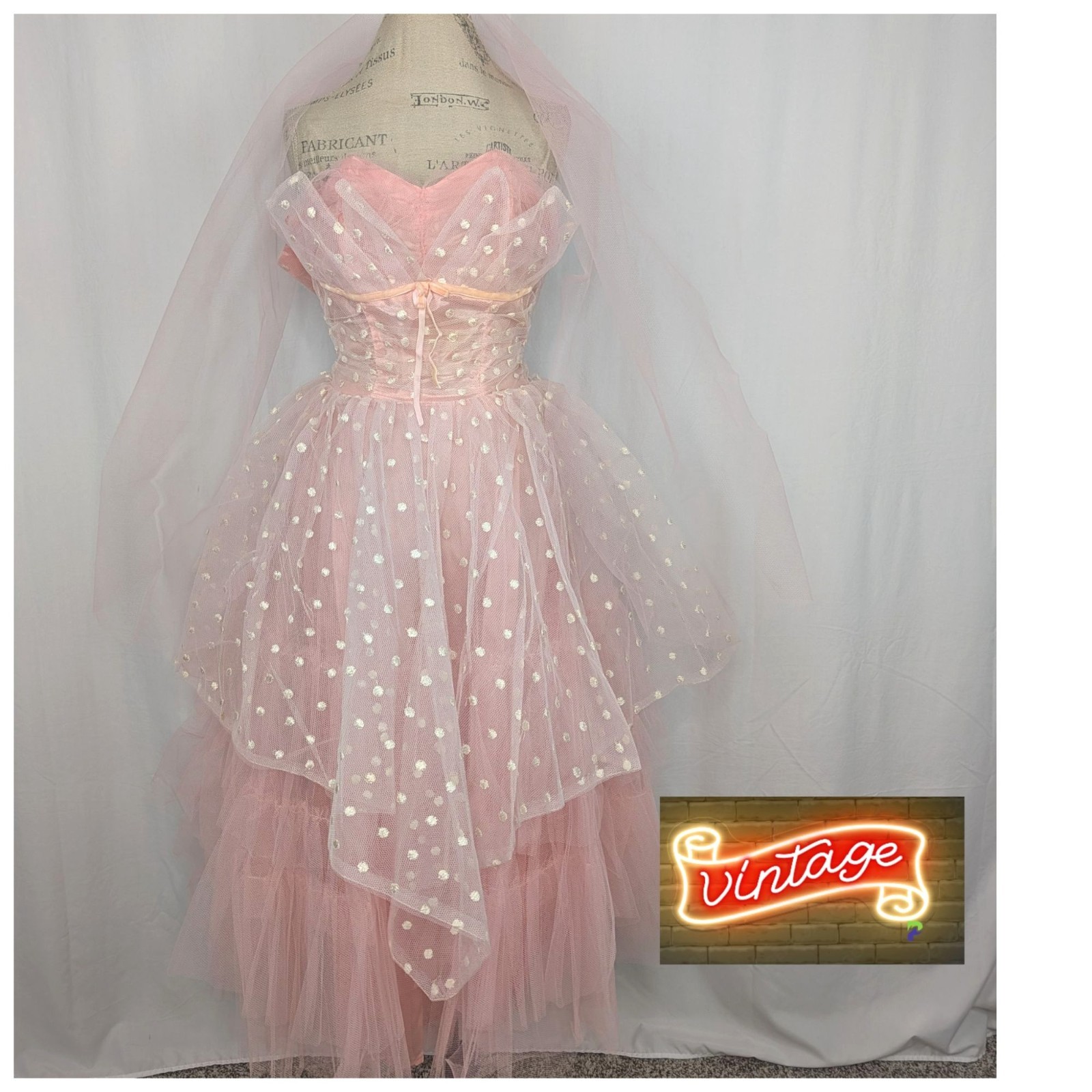 Vintage 50s Prom Dress XX Small 00 Pink Polka Dot