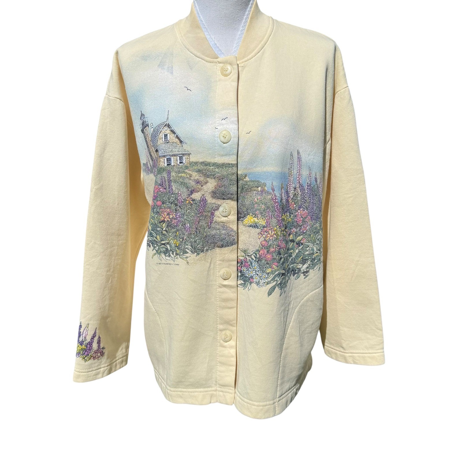 Vintage Art Unlimited C Cunico Lighthouse Coastal Garden Sweatshirt Jacket Cream