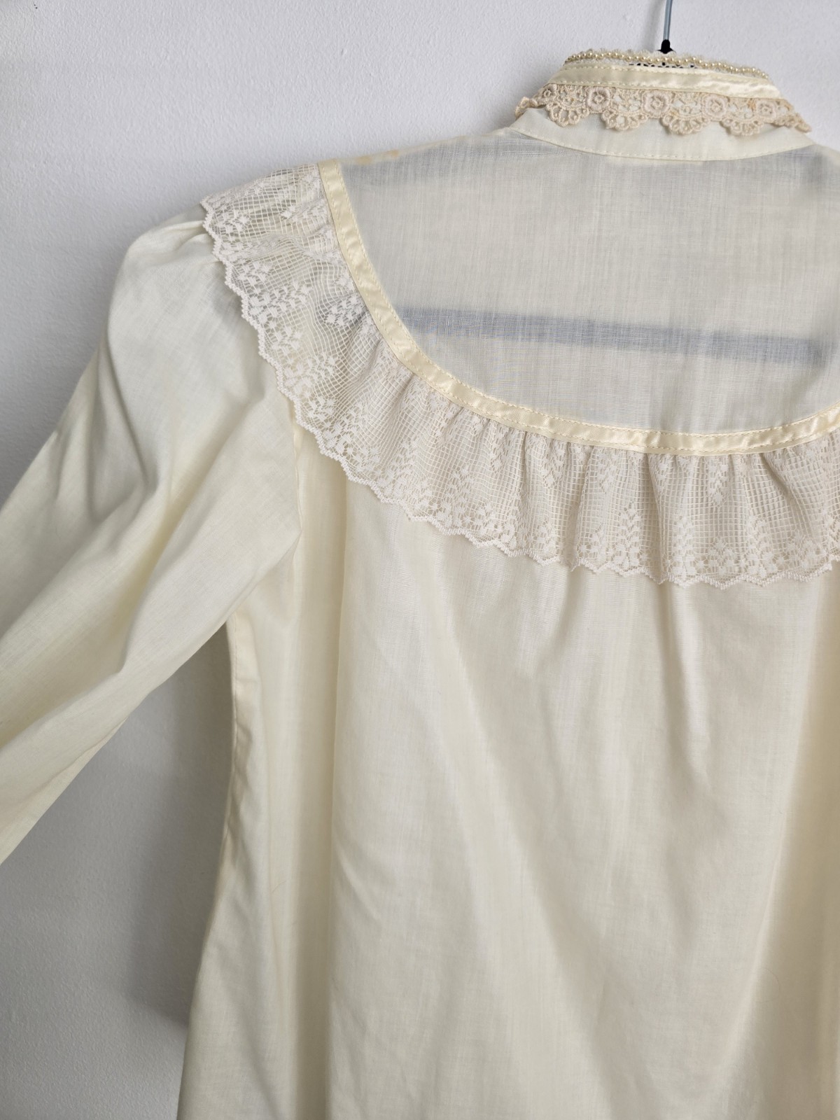 Ivory Lace Victorian Style Long Sleeve Shirt with Lace Trim and Button Cuffs