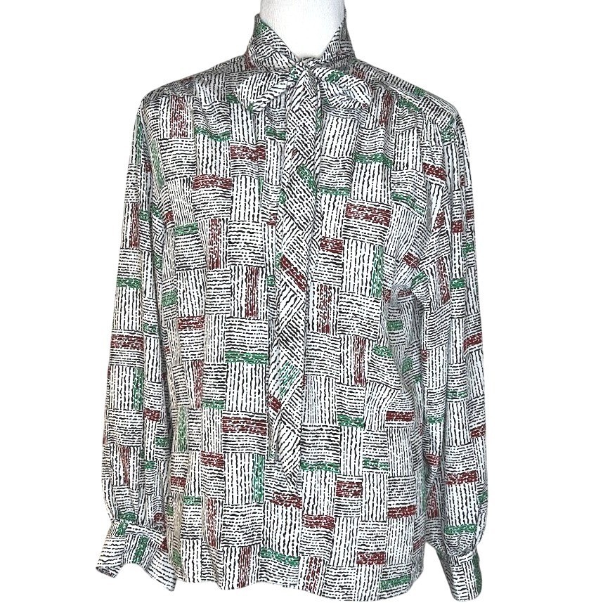 Vintage Jason Prescott Collection Tie Neck Blouse White Red Green Abstract Sz 12