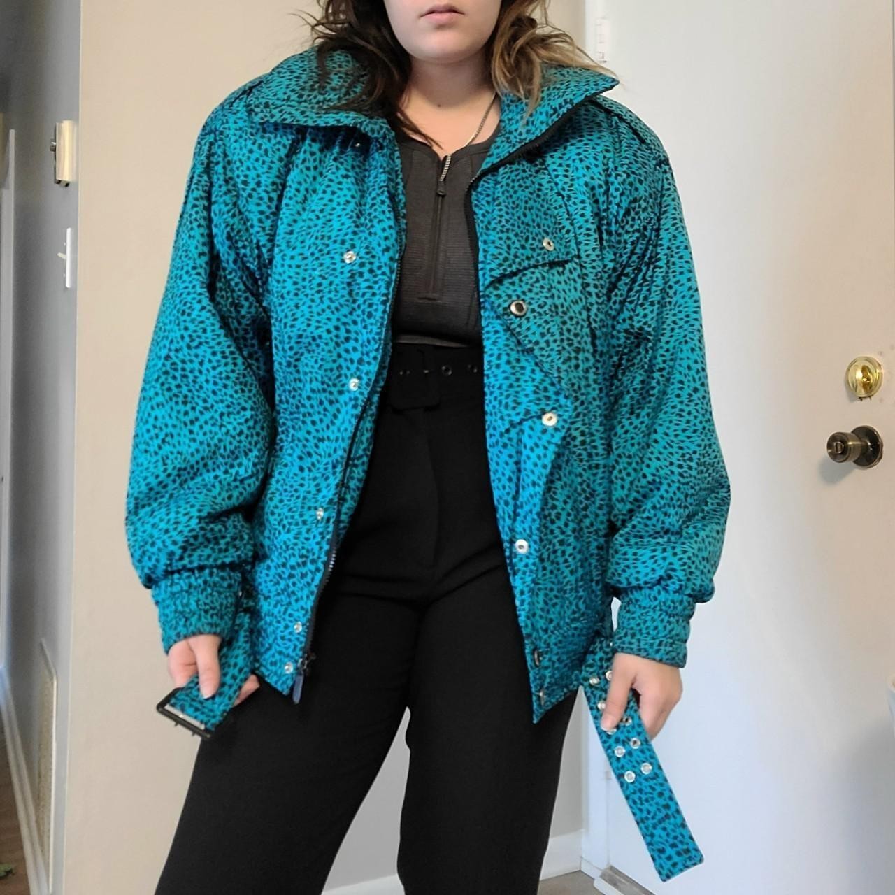 Vtg 80s Snow Coat, Winter, Ski, Turquoise, Black, Cheetah, Leopard, Snugglers