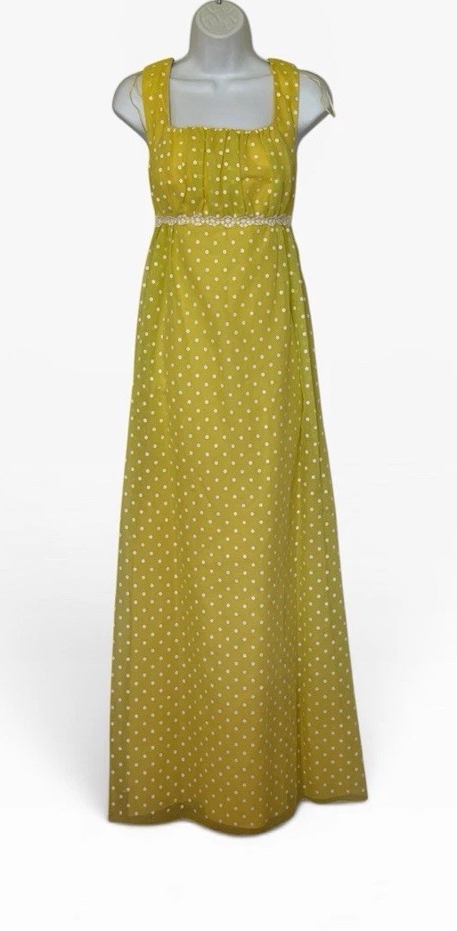 Vintage 70s Yellow Polka Dot Maxi Dress & Bolero Jacket XS/S Prarie Princess