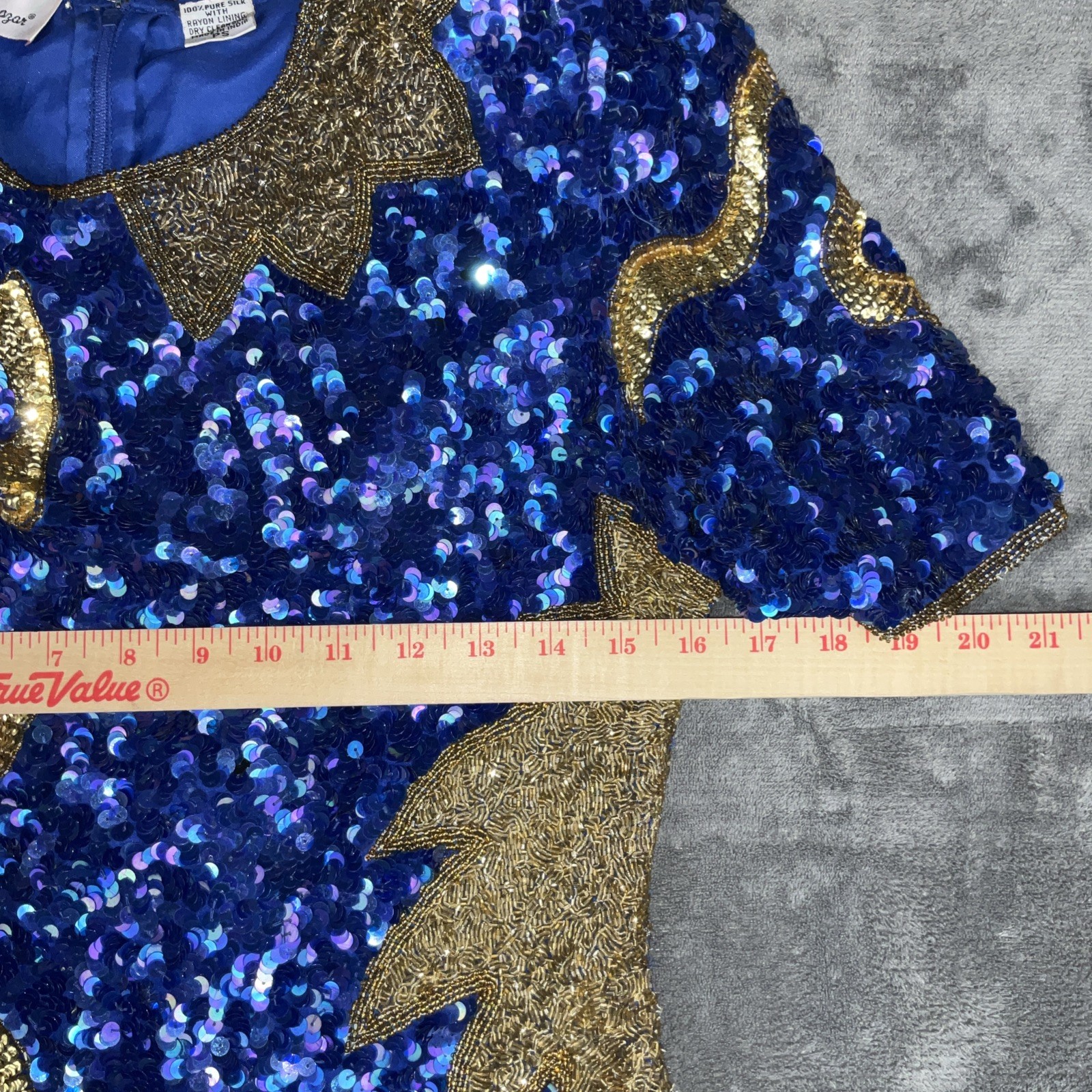 Vintage 1980s Silk Sequin Beaded Short Sleeve Laurence Kazar Dress Blue Gold PS