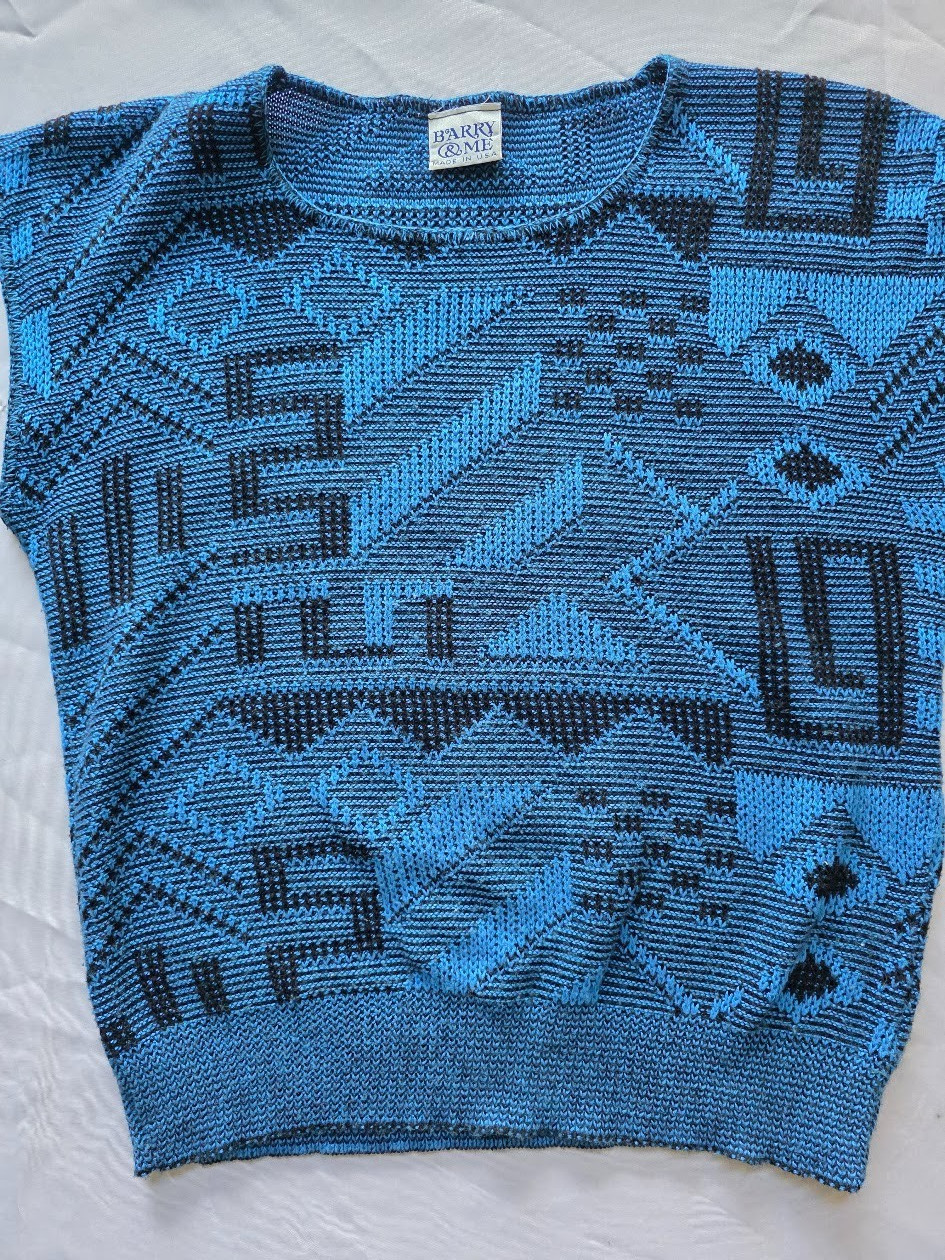Vintage 80s Barry & Me Geometric Knit Sweater Vest Abstract Boxy Top Made in USA