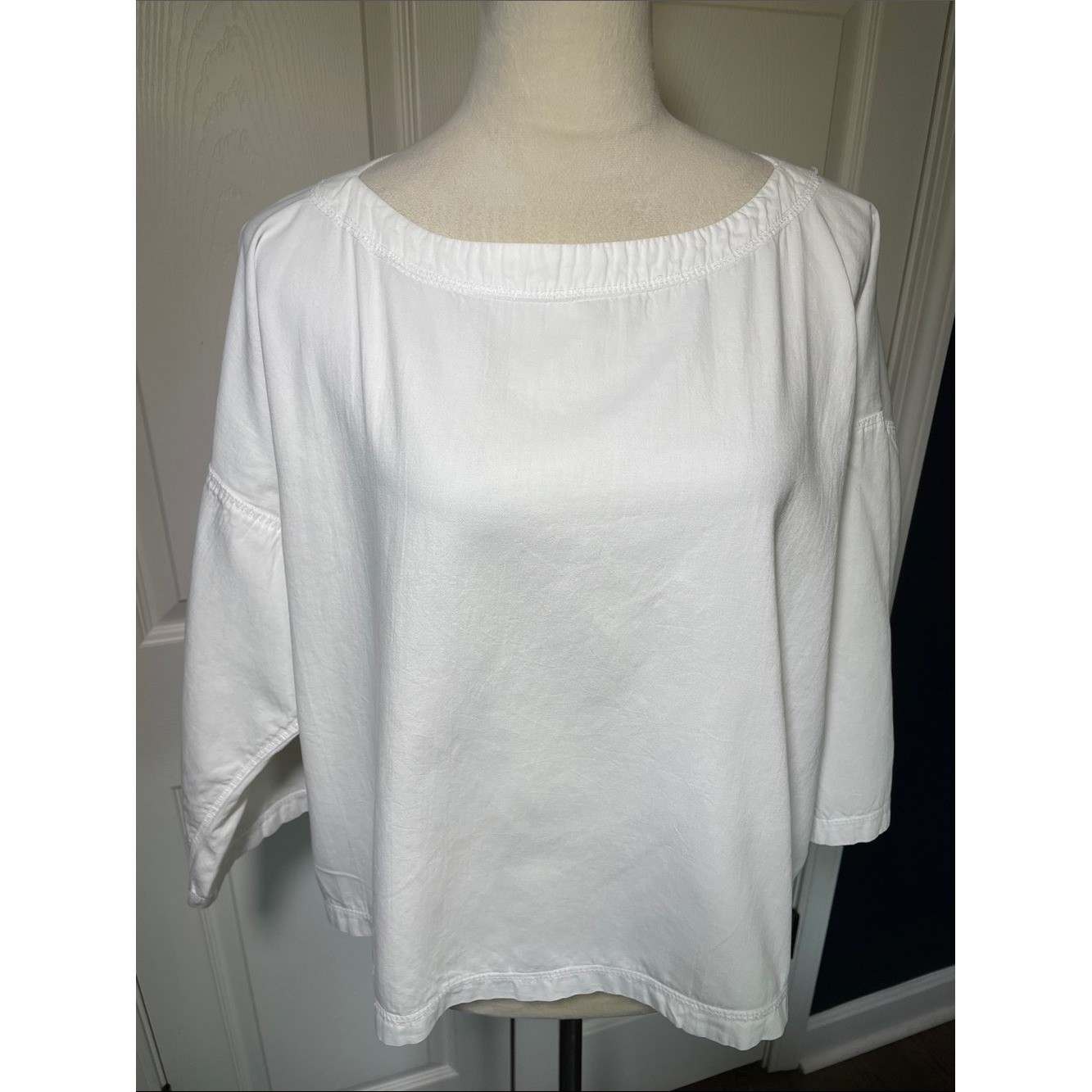 Vintage Bis Bis White Boxy Boatneck 3/4 Sleeve 100% Cotton Blouse Size Small