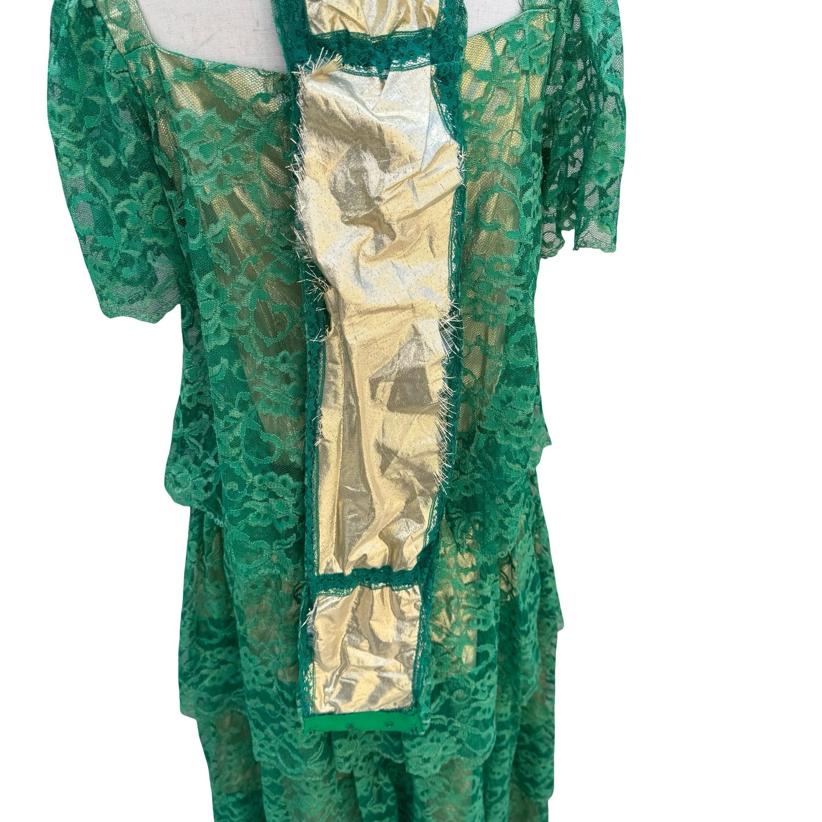 Vintage Green Floral Lace Gold Metallic Tiered Maxi Dress Square Neck Handmade