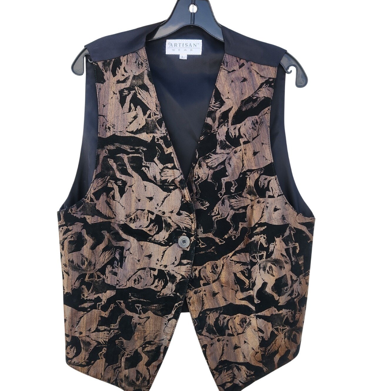 Vintage Leather Wild Horse Print Nashville Country Vest Large Farm Boho Pattern