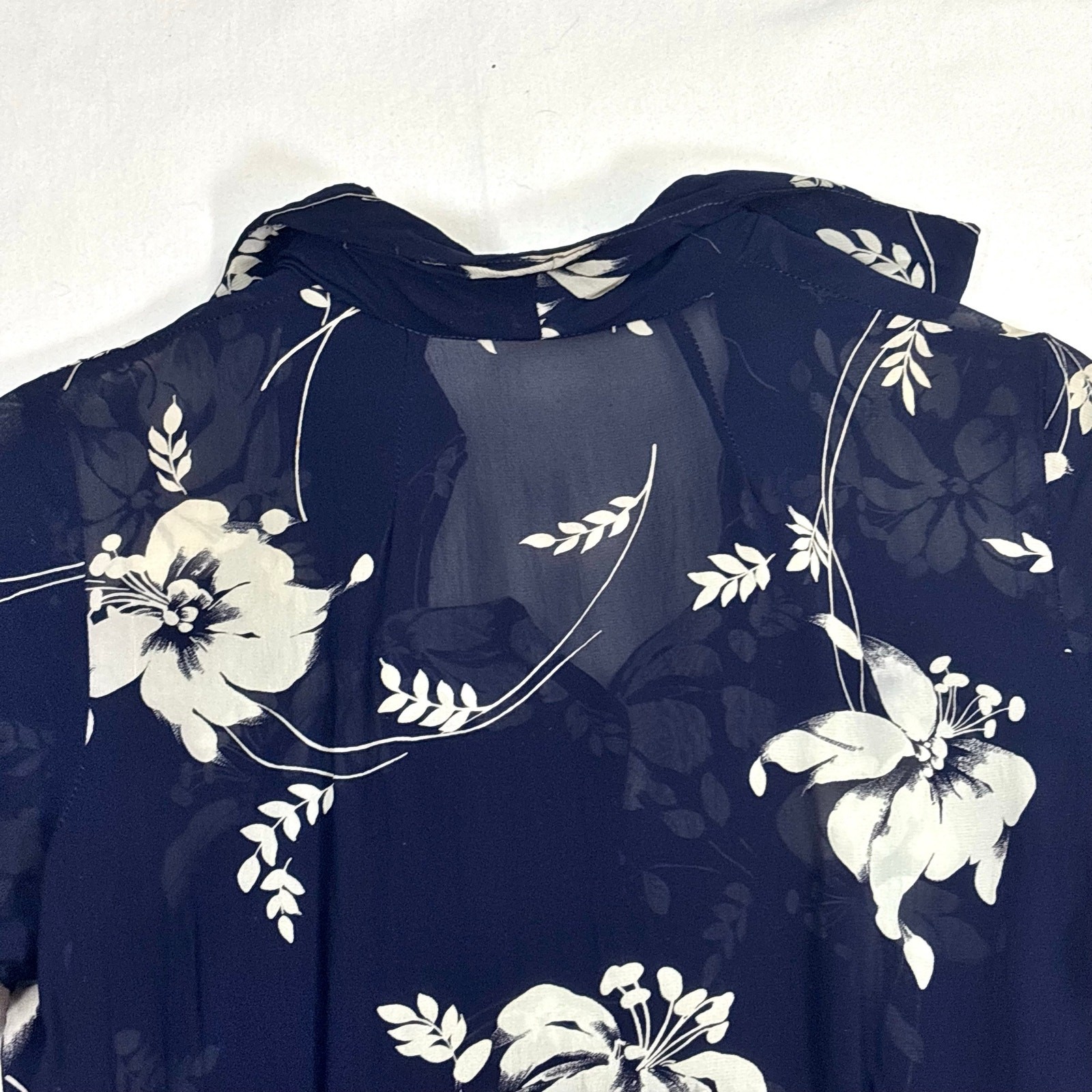 Vintage 1940s Silk Chiffon Shirtwaist Dress Navy Blue Tropical Floral Print
