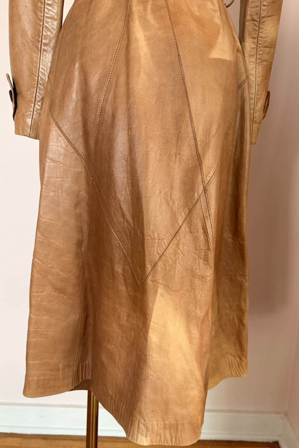 Vintage 100% Leather Trench Coat XS XXS Tan Belted Jacket Handmade in Mexico
