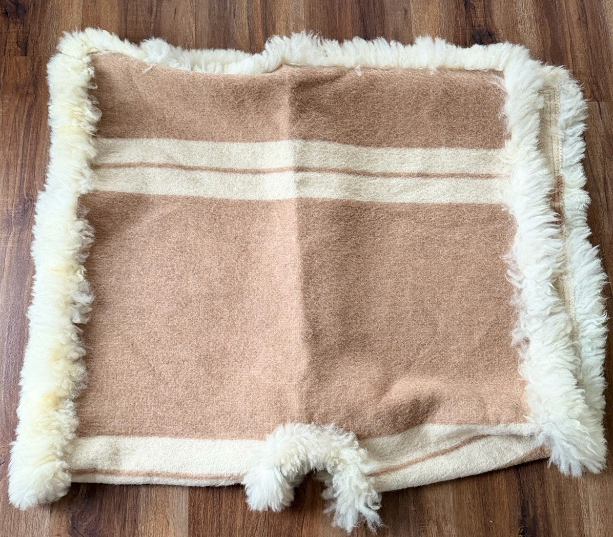 Vintage Boho Shearling Alpaca Trim Wool Cape Poncho Striped Wrap OS