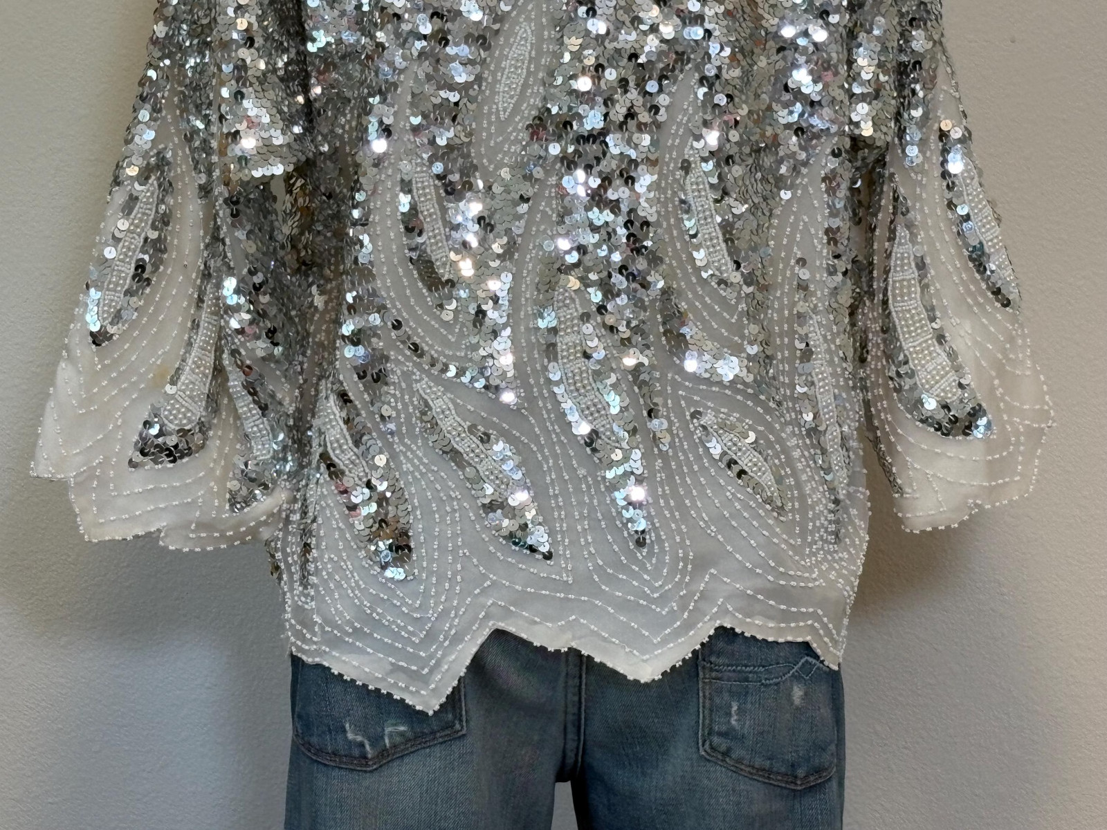 Vintage 80s Beaded Silk Top, White Silver Sequin Disco Tee, Sparkle Top