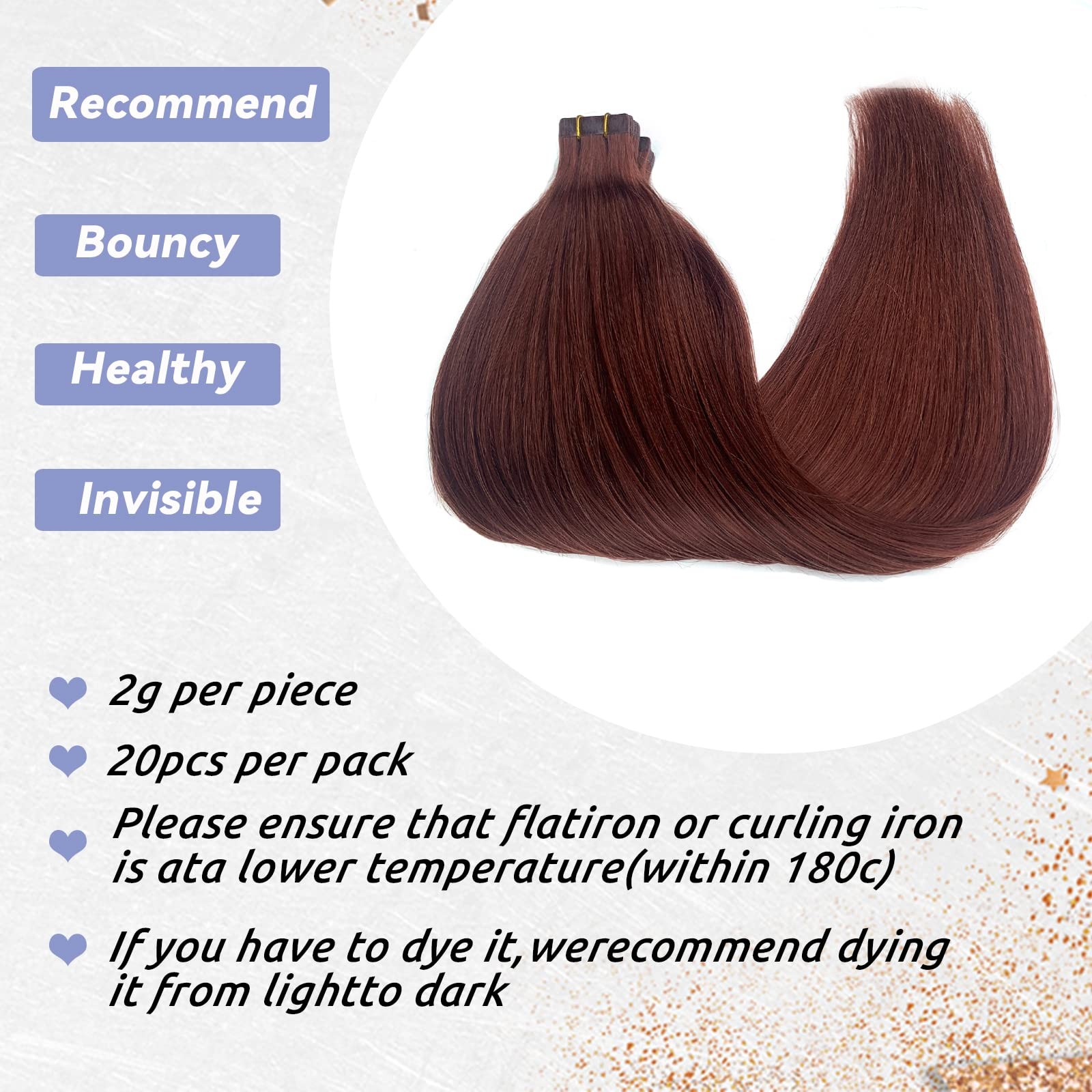 Remy Human Hair Tape-in Extensions #33 Dark Auburn Seamless Skin Weft