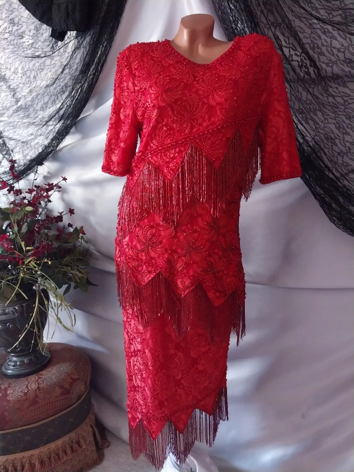 VTG FLAPPER BEADED FRINGE RAGTIME GATSBY 20S STYL RED SKIRT BLOUSE DRESS SET 42