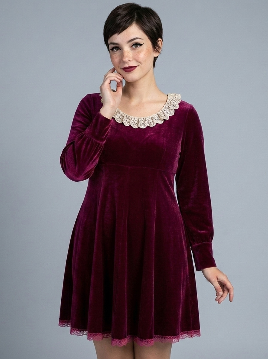 Vintage Dark Red Velvet Mini Dress Empire Lace Ruffle Long Sleeve Mod M/L