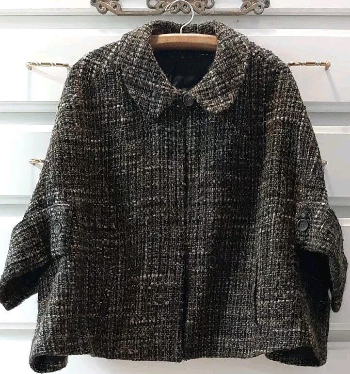 VTG Louben Sz10 Tweed Boucle Wool Blend Cape Blazer Metallic Thread Earthtones