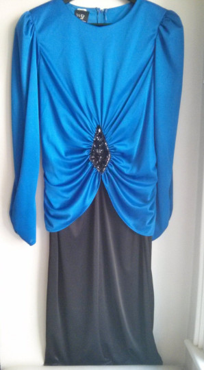 Vintage Blue and Black Jersey with black sequin applique 80″s dress Made in USA