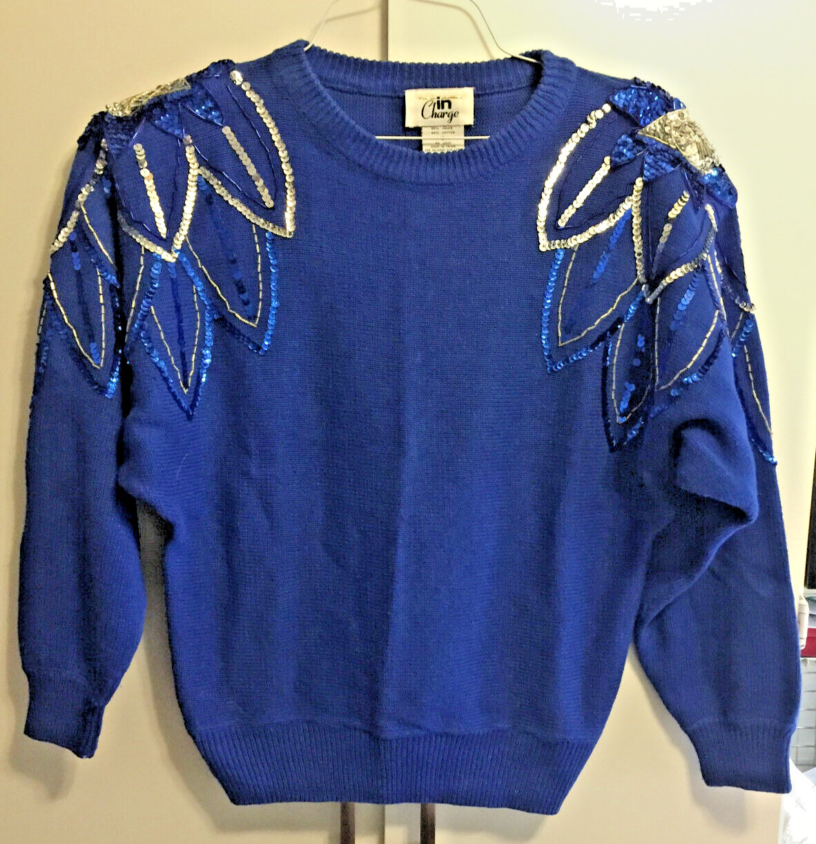 VTG IN CHARGE ROYAL BLUE SEQUIN BEAD SHOULDER TRIM COTTON+ SWEATER sz S 1980s