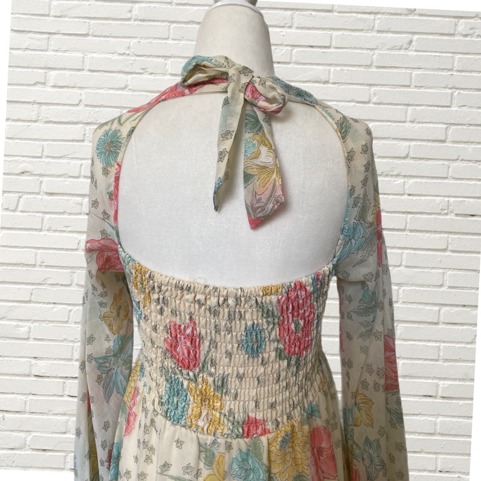 Vintage 70s Maxi Dress Floral Print Cotton Gauze Smocked Long Sleeve Xs/s