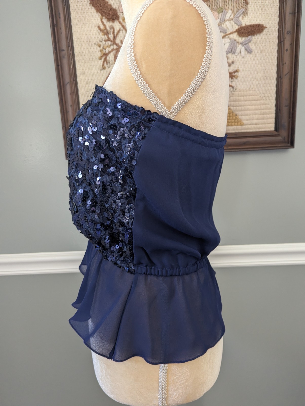 Vintage 70s Frere Jacques Navy Metallic Sequin Glitter Disco Tube Top Strapless